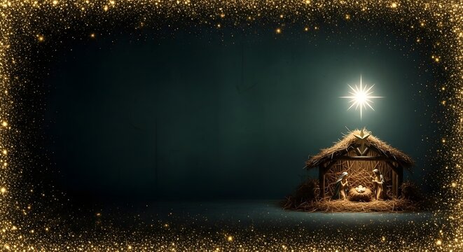 Traditional nativity scene with the star of bethlehem and holy family in a stable, framed by golden glitter on a dark background, baby jesus