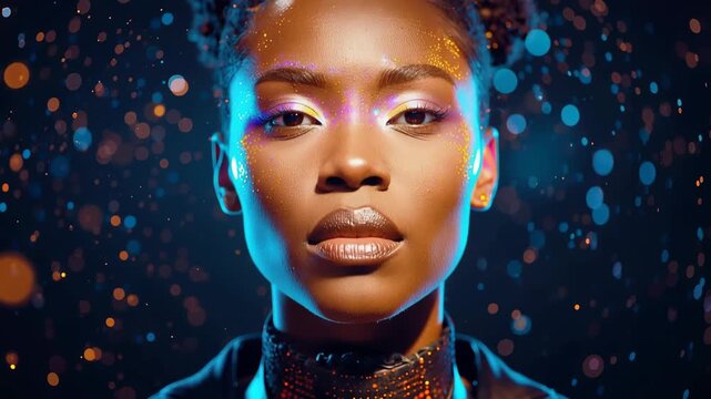 Glowing futuristic portrait of woman with colorful makeup, neon face paint, bokeh glow