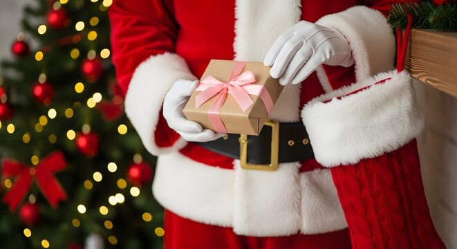 Santa claus wearing white gloves holding a small wrapped christmas gift with pink ribbon next to a red stocking by a festive tree with saint nick