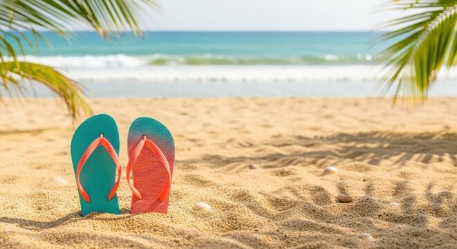 A pair of vibrant orange and teal flip-flops resting on a sandy beach with the ocean in the background