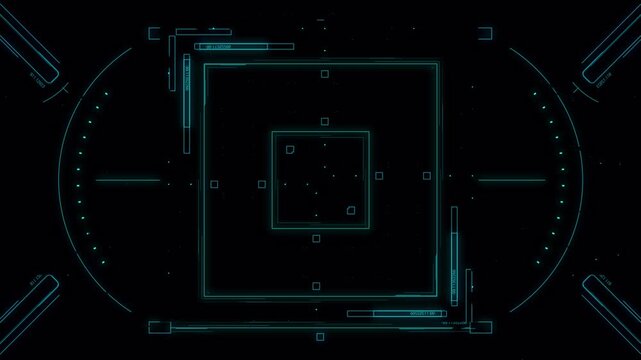 Futuristic digital HUD interface with glowing blue square frame, sci fi technology background, virtual screen display, cyber security data system concept, high tech UI design