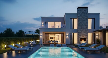 Fototapeta premium Modern luxury villa at dusk with illuminated infinity pool and outdoor lounge area