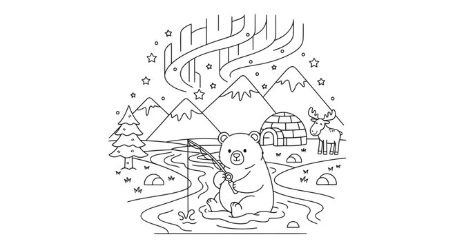 Cute Bear Fishing in Arctic Winter Landscape Vector Illustration with Northern Lights, Mountains, and Igloo for Kids Coloring Book Page Design