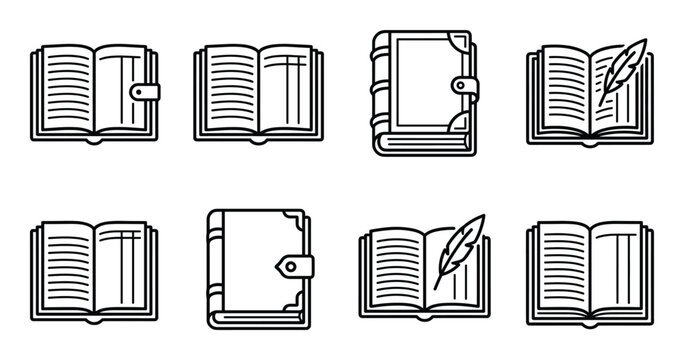 Collection of open and closed vintage books with ornate covers and pages