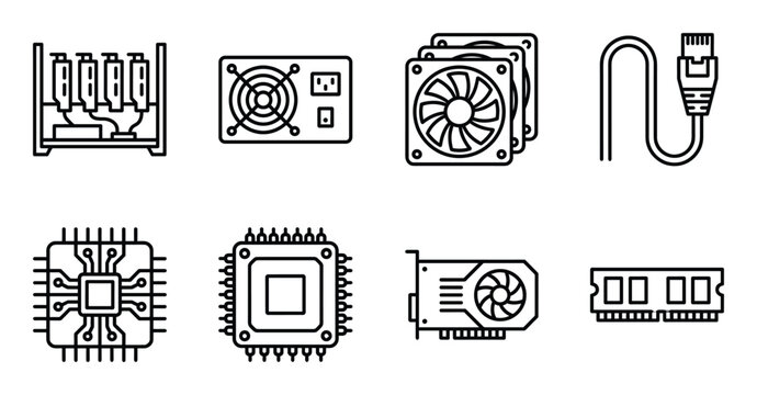 Computer components and network hardware icons on transparent background for technology and mining vector