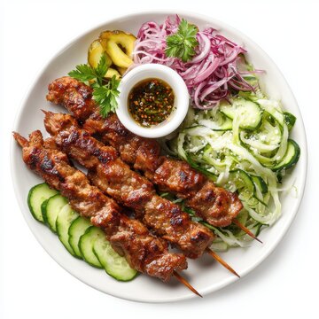 Kuzu sis Turkey food plate with lamb skewers and cucumber 