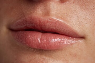 Fototapeta premium Close up of natural lips with soft texture and slight gloss, showing healthy skin and subtle details of the mouth area in natural light.