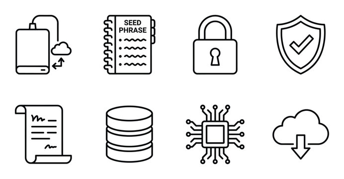 Digital security and cloud storage backup line icons for cryptocurrency wallet recovery and safety