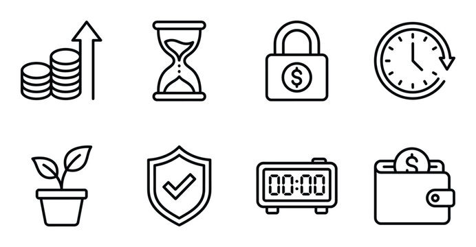 Financial management and time tracking icons set with money growth wallet and hourglass symbols for