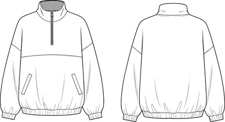 Quarter zip pullover windbreaker jacket technical flat sketch with front and back views, detailed vector template for modern apparel design © MdSoidur