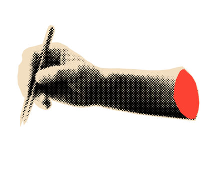 Hand holding tweezers halftone cut out. Mixed media design eleement for nostalgia scrapbook.