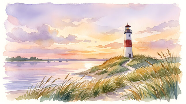 Lighthouse on a grassy dune at sunset