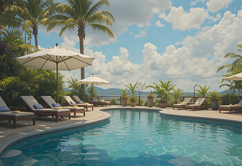 Fototapeta premium Tropical resort pool with lounge chairs and palm trees swimming pool