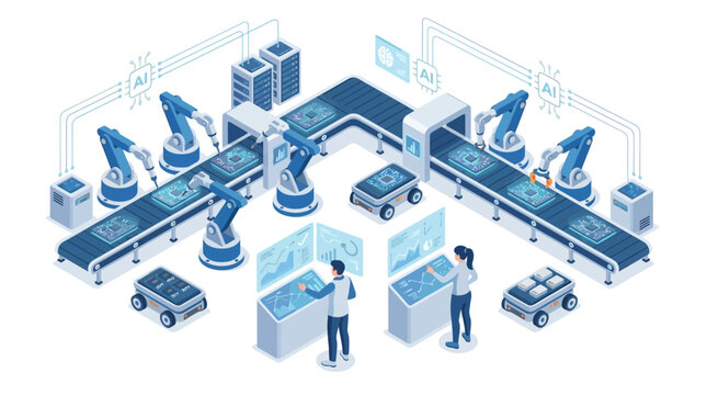 Isometric Smart Factory with AI Robotics Automation, Industrial Engineers Monitoring Digital Manufacturing Production Line, Industry 4.0 Technology Concept