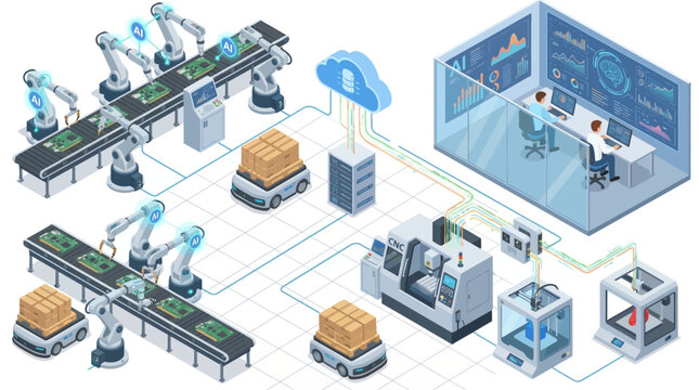 Smart Factory Isometric Illustration with Automated Robotic Assembly Line, AI Manufacturing, Cloud Computing Data Analytics, and Industry 4.0 Digital Transformation Technology