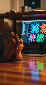 A person's bare feet resting on a polished wooden floor in front of a computer screen displaying colorful data visualizations.