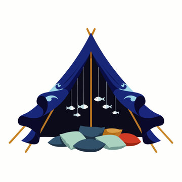 Cozy blue tent decorated with fish mobile and comfortable cushions, perfect for children's play or relaxation.