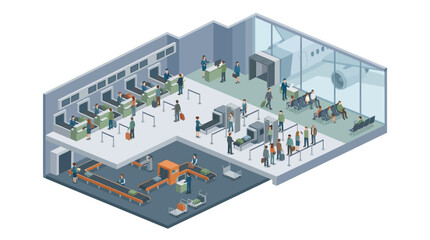 Obraz premium Isometric Airport Check-in and Security Terminal with Passengers Luggage Check Conveyor Belt Modern Travel Hub Vector Illustration