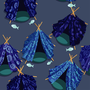 Whimsical seamless pattern of blue tents with fish motifs, evoking a sense of adventure and nature