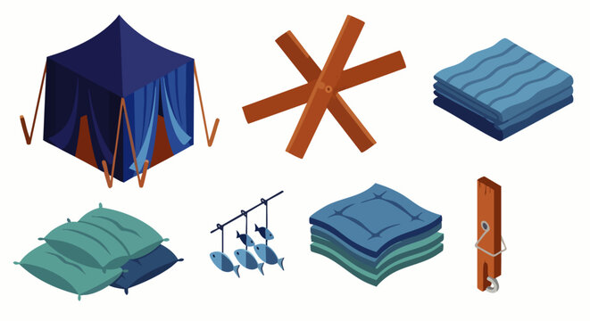Set of isometric camping and outdoor equipment icons: tent, hedgehog obstacle, blankets, sandbags, drying fish, clothespin
