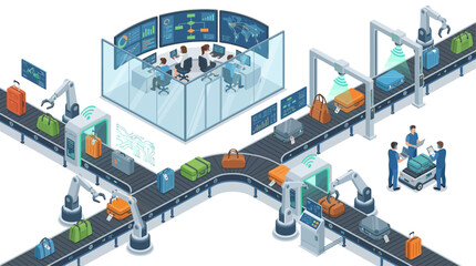 Fototapeta premium Isometric Smart Airport Baggage Handling System with Automated Conveyor Belts, Robotic Arms, RFID Tracking, and Control Room Monitoring Digital Technology