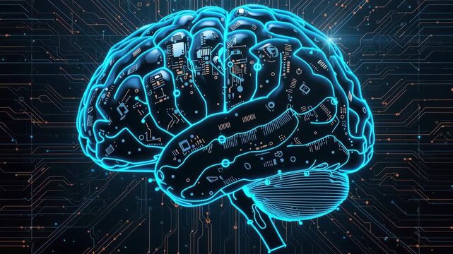 Neon digital brain circuit board motherboard technology artificial intelligence glowing neural