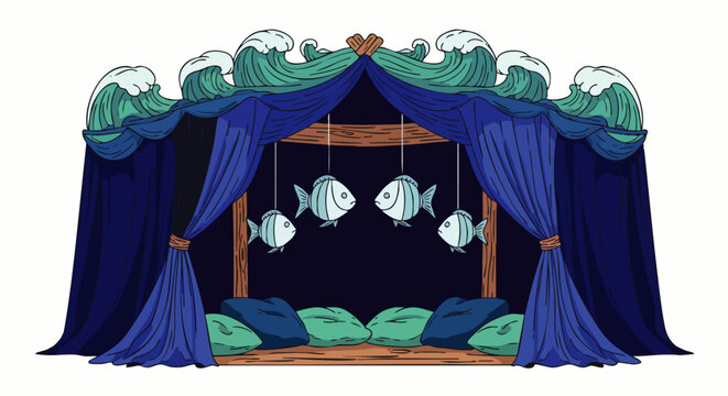 Enchanting ocean-themed canopy bed featuring stylized waves, deep blue curtains, and suspended fish decorations. Perfect for dreamlike relaxation.