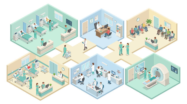 Isometric Hospital Interior with Doctors Nurses Patients Medical Staff Working in Clinic Rooms Healthcare Facility Vector Illustration