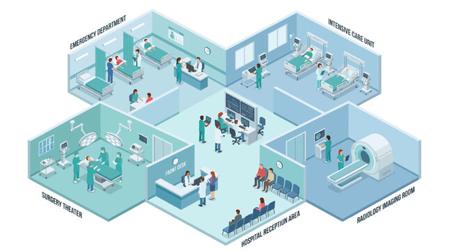 Isometric Hospital Interior with Medical Staff and Patients - Emergency Surgery ICU Radiology Reception Healthcare Facility 3D Cutaway Illustration