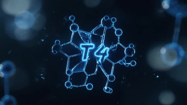Molecular structure with T4 model, glowing blue lines and nodes on dark background with bokeh effect, used for science and medical concepts