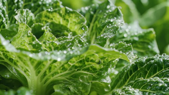 Closeup of fresh green lettuce leaves glistening with morning dew drops.