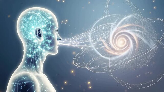 Ethereal neural humanoid digital light spiral energy exhaling swirl of data and glowing silhouette