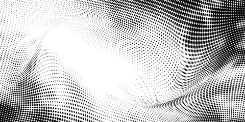 Halftone radial dotted background. Square dots comic gradient texture. Concentric fading gradation wallpaper. Black white rough grit overlay. Grunge gritty circular pop art cartoon backdrop. Vector © Uddin
