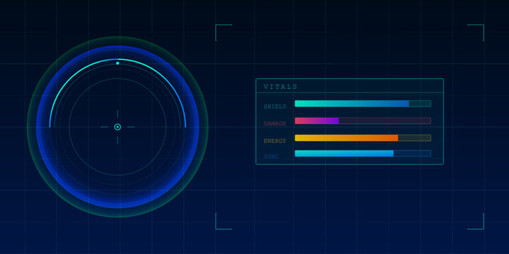 Modern digital interface with circular radar and charts