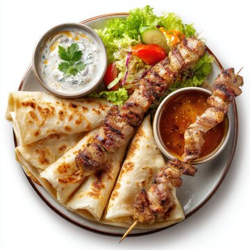 Kuzu sis Turkey food plate with skewered lamb and flatbread isolated on a white background