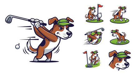 Fototapeta premium Cartoon Dog Playing Golf with Multiple Poses.