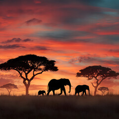 Obraz premium African elephants and acacia tree in dramatic sunset landscape