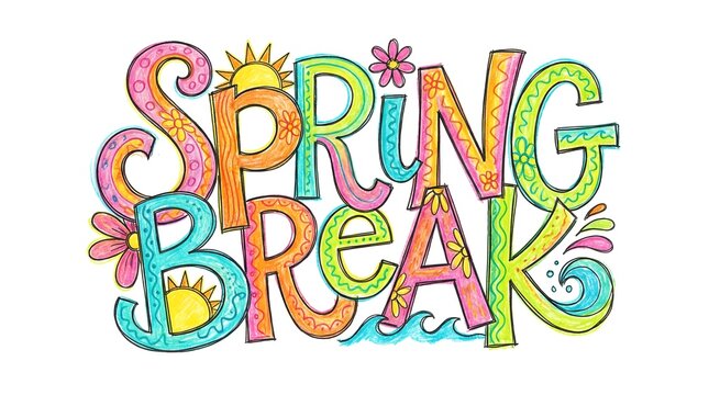 Colorful Hand-Drawn Spring Break Lettering with Playful Flowers, Sun, and Waves on White Background