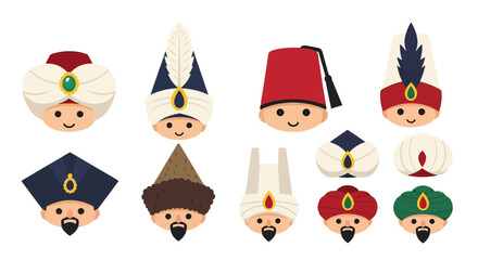 Fototapeta premium Cute Ottoman Sultans Headwear Vector Illustration Set. Traditional Turkish Turban and Fez Hat Collection in Flat Cartoon Style for Cultural Design Elements.