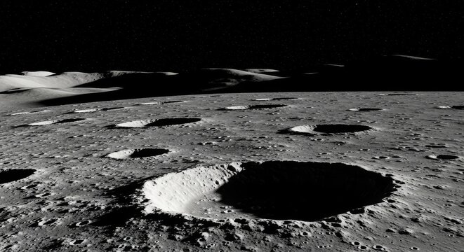 Detailed lunar surface with numerous craters under a dark sky
