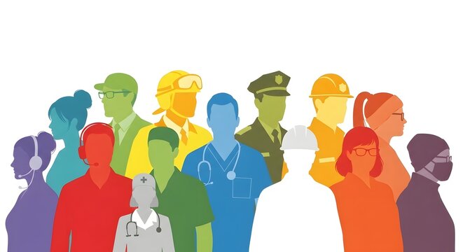 A group of people in different professions standing together in colorful silhouettes on white background
