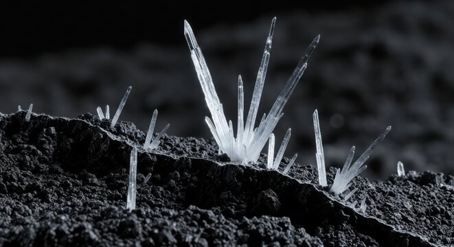 Sharp needle like crystalline structures emerging from dark rocky surface