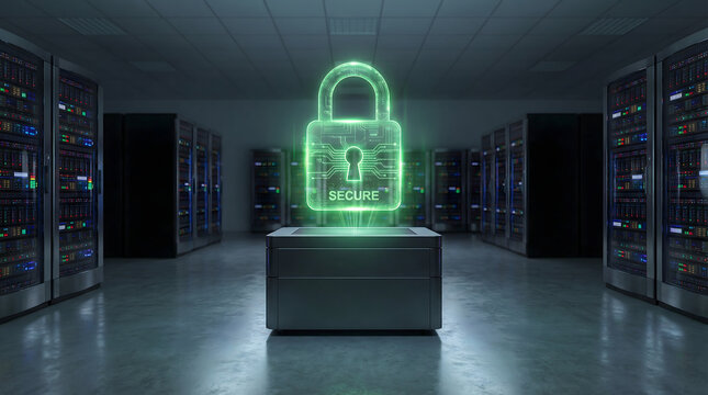 Glowing green padlock hologram in a dark server room symbolizing digital data security and network protection.