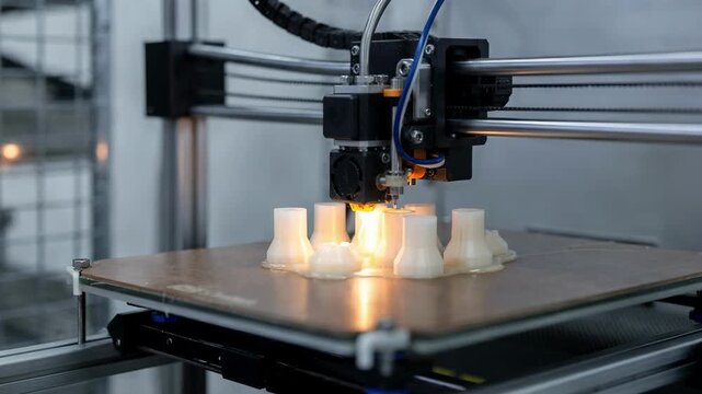 Medium shot of a 3D printer fabricating highgrade polymer nozzles highlighting the additive manufacturing process in a modern industrial setting.
