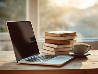 Fototapeta premium Online Learning Workspace with Laptop, Books and Coffee in Morning Sunlight