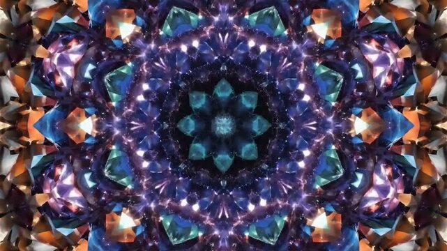 Intricate kaleidoscopic pattern formed by geometric crystal facets and vibrant light refractions