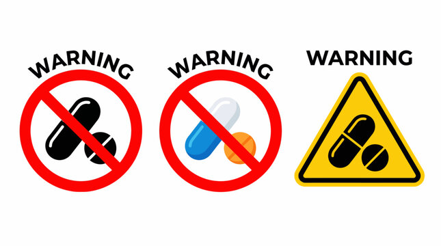 Graphic illustrations depicting warning symbols for pills, emphasizing drug misuse prevention and the importance of adhering to medical guidelines and health precautions