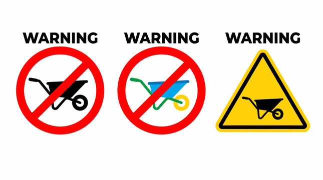 Essential safety warnings for equipment handling, depicting explicit prohibitions and potential dangers associated with wheelbarrow operation in various work settings
