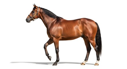 Naklejka premium Majestic Bay Horse Standing Gracefully on White Background.