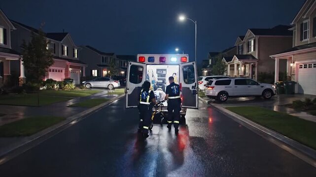 Emergency medical team with ambulance at night on a suburban street.